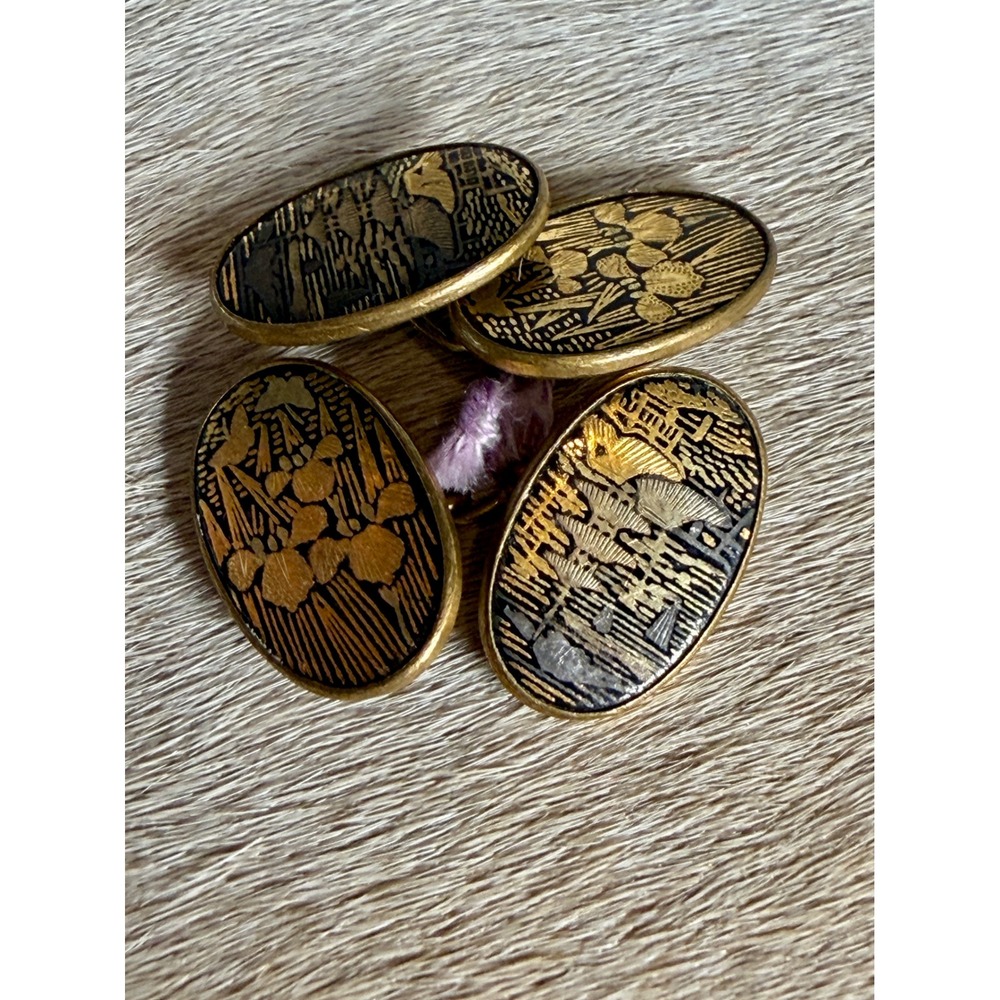 Vintage Japanese Signed Shakudo  Cufflinks Pagoda Iris Meiji